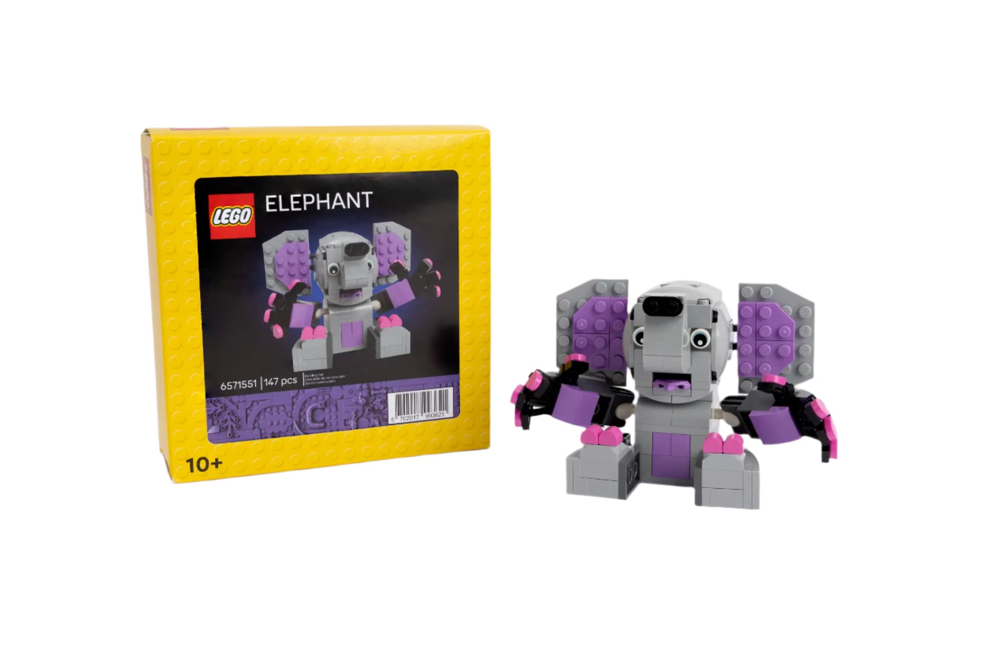 LEGO elephant set with packaging on a white background